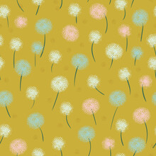 Puffy Dandelion Blowballs Seamless Vector Pattern. Botanical Surface Print Design For Fabrics, Stationery, Scrapbook Paper, Gift Wrap, Textiles, And Packaging.