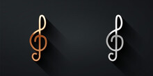 Gold And Silver Treble Clef Icon Isolated On Black Background. Long Shadow Style. Vector.