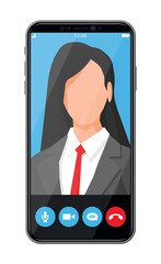 Poster - Incoming video call on smartphone. Video chat with female character. Photo of woman, decline and accept buttons on screen. Online meeting, videocall, webinar or training. Flat vector illustration