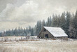 Original textured winter farm style photograph of an old brown barn in the snow surrounded by giant pine trees