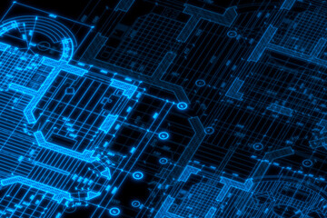 Wall Mural - Architecture blueprint on digital lcd display with reflection. Abstract technology background. 3D rendering.