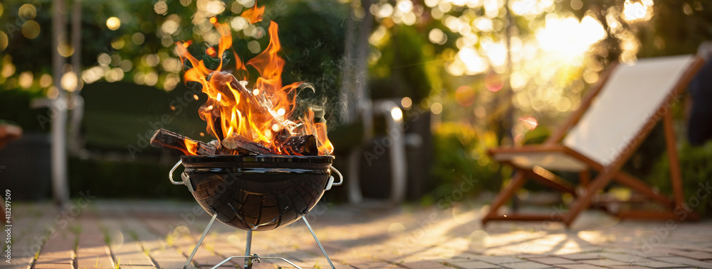 Barbecue Grill With Fire On Open Air - obrazy, fototapety, plakaty 