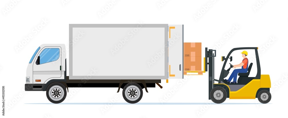 Forklift loading pallet boxes into truck. Electric uploader loading ...
