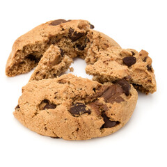 One broken Chocolate chip cookie isolated on white background. Sweet biscuit crumbs. Homemade pastry.