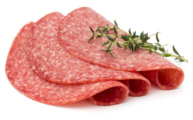 Wall Mural - Salami smoked sausage slices isolated on white background