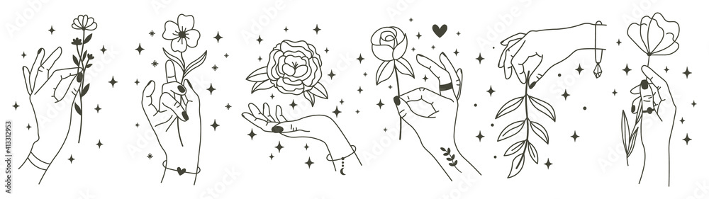 Magical hands holding flowers. Minimalist hands and flowers, abstract hand drawn floral symbols. Modern magical tattoo elements vector illustration set. Magic flower, mystic hand beauty with bloom - obrazy, fototapety, plakaty 