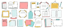 Doodle Paper Sheet. Hand Drawn Sketch Notebook, Bullet Journal Sheets, Sticky Note And Notepad Page. Sketch Doodle Sheets Vector Illustration Set. Notebook Information, Reminder Message Bullet