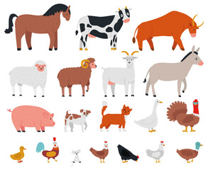 Wall Mural - Farm animals. Livestock and cute pets, horse, cow, bull, goat, dog, goose and pig. Village domestic animals cartoon vector illustration set. Cow and rabbit, dog and chicken, livestock rooster