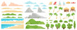 Beach landscape elements. Nature beach, clouds, hills, mountains, trees and palms. Outdoor tropical beach landscape constructor vector illustration. Beach landscape sea, mountain and coast