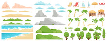 Beach Landscape Elements. Nature Beach, Clouds, Hills, Mountains, Trees And Palms. Outdoor Tropical Beach Landscape Constructor Vector Illustration. Beach Landscape Sea, Mountain And Coast