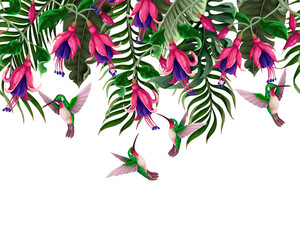 Wall Mural - Border with hummingbirds and tropical flowers. Trendy vector print.