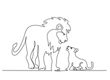 Lion Standing With Small Lion Cub. Continuous One Line Drawing.