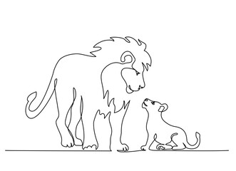 Lion standing with small lion cub. Continuous one line drawing.