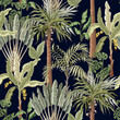 Seamless pattern with exotic trees such us palm and banana. Interior vintage wallpaper.