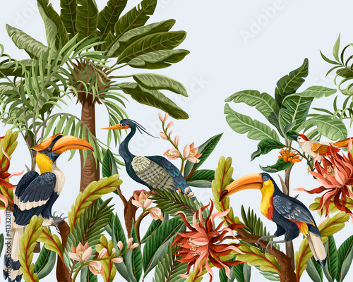 Border with birds and tropical leaves and flowers for interior. Vector.