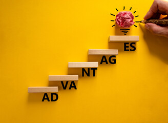 Wall Mural - Business and advantages symbol. Wood blocks stacking as step stair, yellow background, copy space. Businessman hand. Word 'advantages'. Conceptual image of motivation. Business and advantages concept.