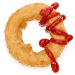 Wall Mural - Crispy deep fried onion or Calamari ring with ketchup isolated on white background