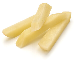 Wall Mural - Raw Potato sliced strips prepared for French fries isolated on white background