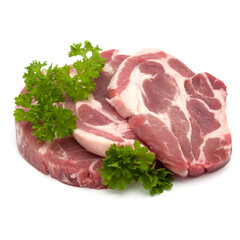 Wall Mural - Raw pork neck chop meat with parsley herb leaves garnish isolated on white background cutout