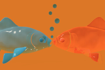 Poster - 3d rendering illustration of a blue fish talking to an orange fish producing blue bubbles as words