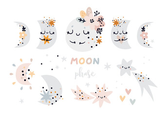 Wall Mural - Moon phases baby clipart. Creative illustration for kids with moon and stars. Cartoon clip art in boho style. Moon Child clip art, Bohemian moon. Ideal for kids room decoration, clothing, prints