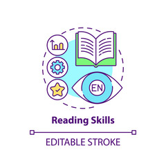 Reading skills concept icon. Language learning competence idea thin line illustration. Decoding meaning from text ability. Word recognition. Vector isolated outline RGB color drawing. Editable stroke