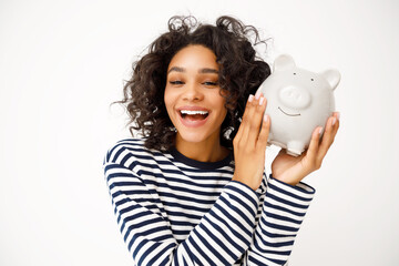 Wall Mural - Excited ethnic female with money box