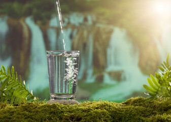 A glass of water on a moss covered stone. The forest background is waterfall