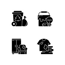 Garbage Disposal Black Glyph Icons Set On White Space. Residential Waste Collection. Solid Materials. Bulky Refuse. Fashion, Textile Industry Refuse. Silhouette Symbols. Vector Isolated Illustration