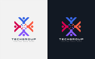 Poster - Tech Group Logo Design. Simple Minimalism Abstract Colorful People Combination Usable For Business and Tech Company. Vector Logo Illustration.