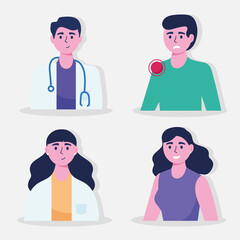 Sticker - doctors couple with patients characters vector illustration design