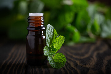 Blank amber bottle with essential oil Peppermint with  mint leaves