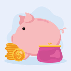 Sticker - piggy savings with coins and purse icons vector illustration design