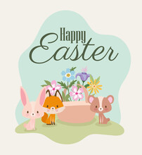 Happy Easter Lettering With One Cute Pink Bunny, Fox, Bear And One Basket Full Of Flowers