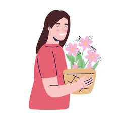 Sticker - young woman with flowers in houseplant decoration character vector illustration design