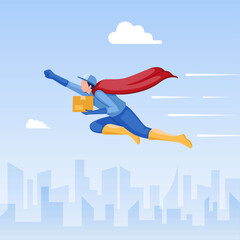 Express delivery concept. Superhero courier flying fast carrying package delivered to customer in cartoon flat vector illustration