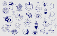 Esoteric Element Collection. Doodle Esoteric, Boho Mystical Hand Drawn Elements. Magic And Witchcraft, Witch Esoteric Alchemy. Vector