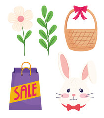 Wall Mural - happy easter season sale poster with shopping bag set icons vector illustration design