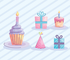 Sticker - happy birthday cupcake with set icons acuarela style vector illustration design