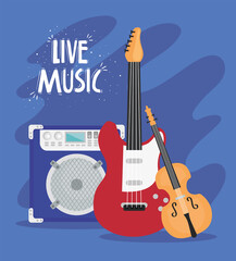 Wall Mural - live music lettering with musical instruments vector illustration design