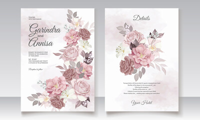 Wall Mural - Brown wedding invitation template set with floral frame Premium Vector