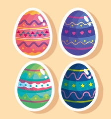 Sticker - happy easter celebration bundle of four eggs painted vector illustration design