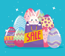 Wall Mural - happy easter season sale poster with rabbit in shopping bag and eggs painted vector illustration design