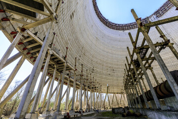 Poster - Ukraine, Pripyat, Chernobyl. Inside the unfinished cooling tower for reactors 5 and 6 which were never completed.