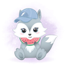 Cute Little Fox Eating Watermelon Hand Drawn Cartoon Illustration