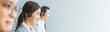 Banner Asian team call center, customer service, telesales in casual with headset or headphone and look at camera
