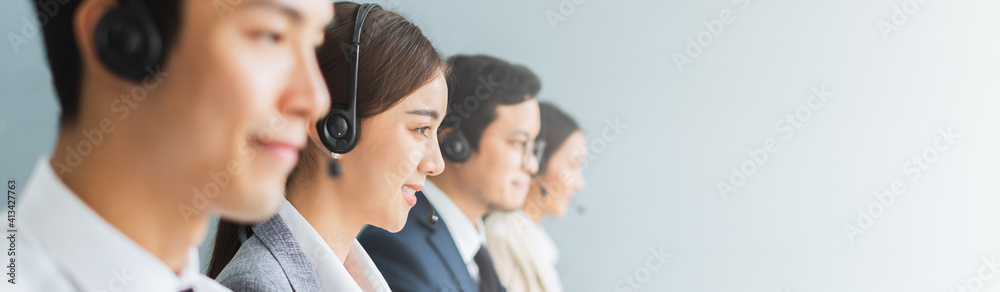 Banner Asian team call center, customer service, telesales in casual with headset or headphone and look at camera - obrazy, fototapety, plakaty 