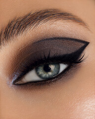 Beautiful macro shot of female eye make-up in smoky eyes style. Blue eye. Creative make-up. Perfect shape make-up and long lashes. Cosmetics. Beautiful eyes make-up. Close-up