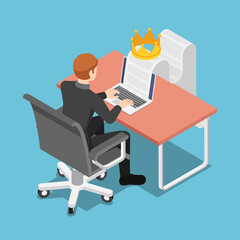 Poster - Isometric Businessman Typing on Laptop with Document and Crown
