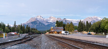 Banff Railway Station In Summer Evening. Banff National Park, Canadian Rockies. Banff, Alberta, Canada.